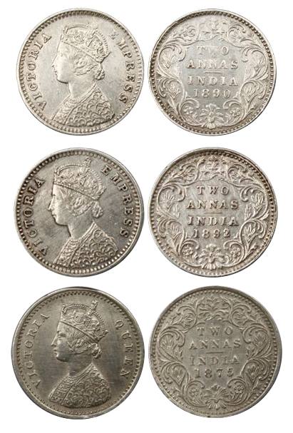Victoria, Silver (3), 2 Annas, 1875, 1890 and 1892, Bombay Mint. Very Fine+, Scarce. 3 coi