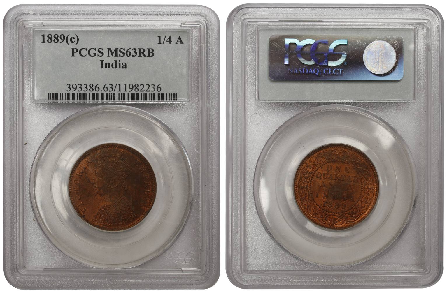 Victoria Empress, Copper, ¼ Anna, 1889, Calcutta Mint. Graded and slabbed by the PCGS as M