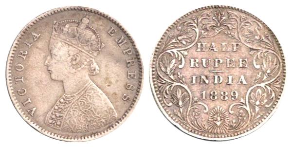 Victoria Empress, Silver, ½ Rupee, 1889, B raised, Bombay Mint. Very Fine, Rare