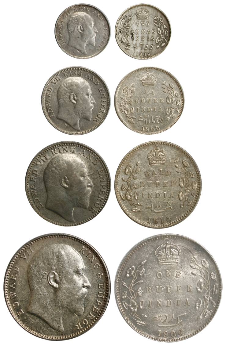 Edward VII, Silver (4), Set of 4: Rupee, ½ and ¼ Rupee, and 2 Annas, 1904, 1910, 1903 and 