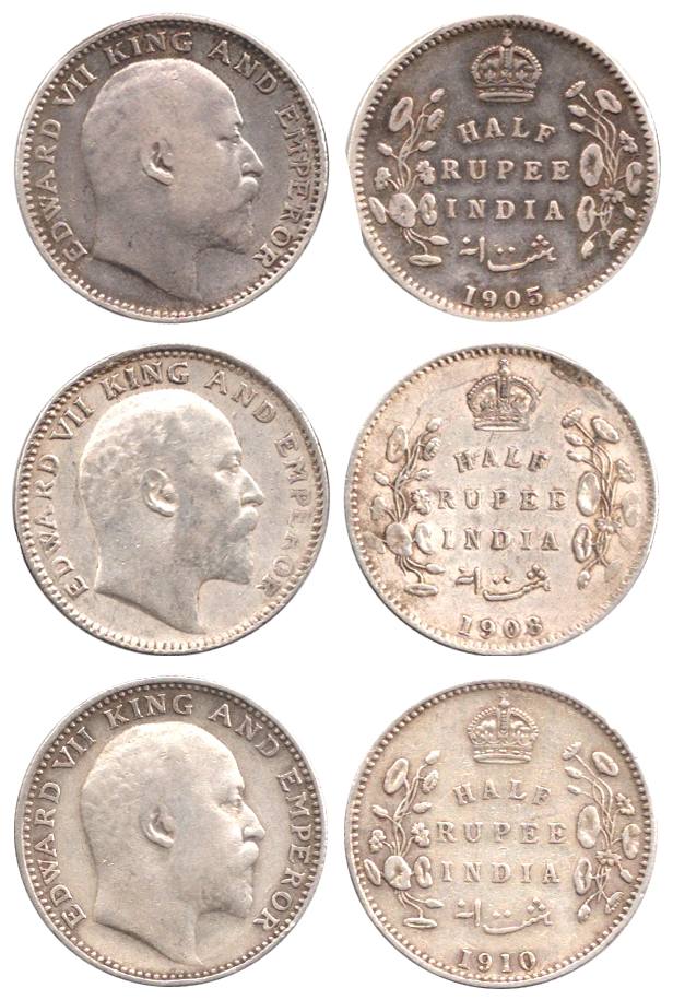 Edward VII, Silver (4), ½ Rupee, 1905, 1908, 1910 (2). Very Fine to Extremely Fine. 4 coin