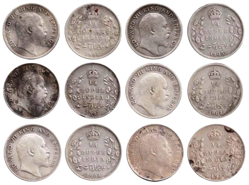 Edward VII, Silver (6), ¼ Rupee, 1904, 1905, 1906, 1907, 1908 and 1910. About Very Fine. 6