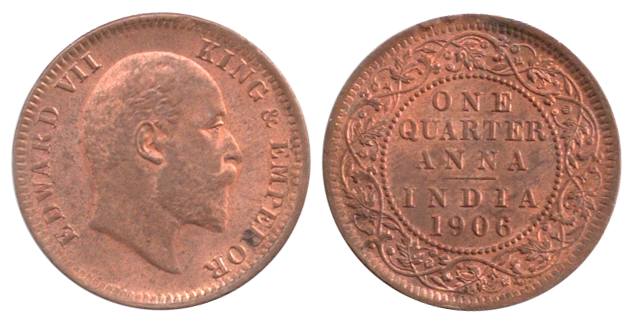 Edward VII, Copper, ¼ Anna, 1906, Thin Planchet type. UNC, Scarce