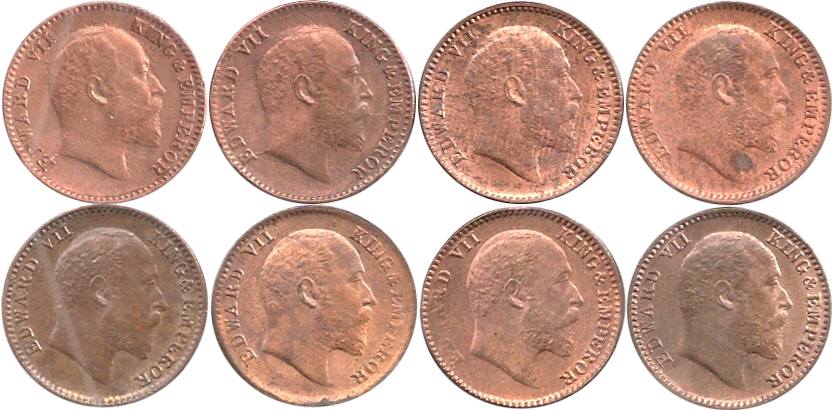 Edward VII, Copper (8), 1/12 Anna, 1903 to 1910. Extremely Fine to UNC. 8 coins