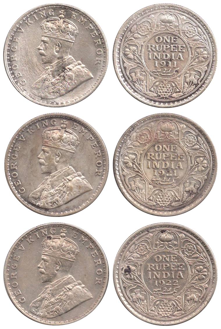 George V, Silver (3), Rupee, 1911, 1921 and 1922, Bombay Mint. Very Fine+, Scarce. 3 coins