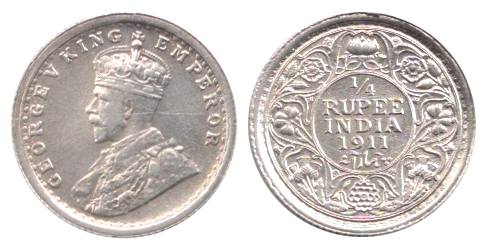 George V, Silver, ¼ Rupee, 1911 Pig ¼ Rupee, Calcutta Mint. Extremely Fine, Extremely Rare
