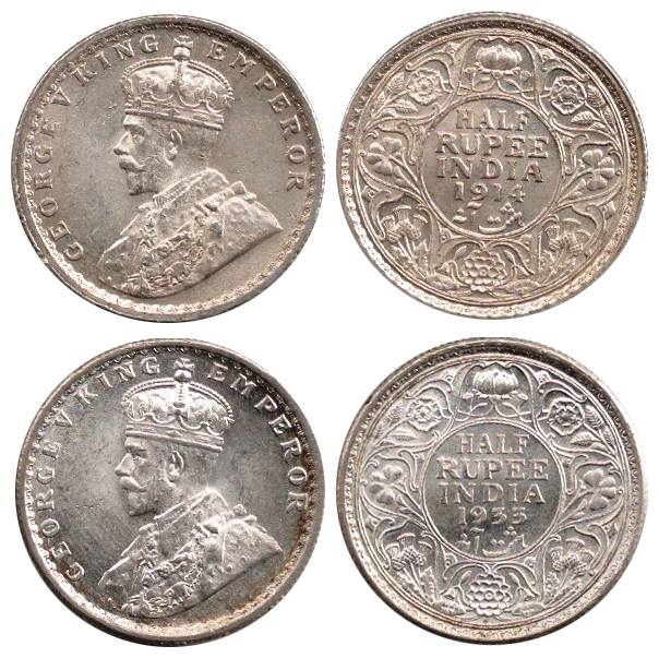 George V, Silver (4), ½ Rupee, 1914 and 1933 (3), Calcutta Mint. All UNC. 4 coins