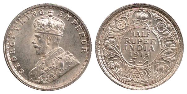 George V, Silver, ½ Rupee, 1915, Calcutta Mint. UNC