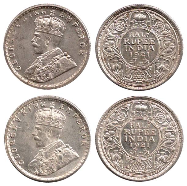 George V, Silver (8), ½ Rupee, 1921. Extremely Fine to UNC with luster. 8 coins