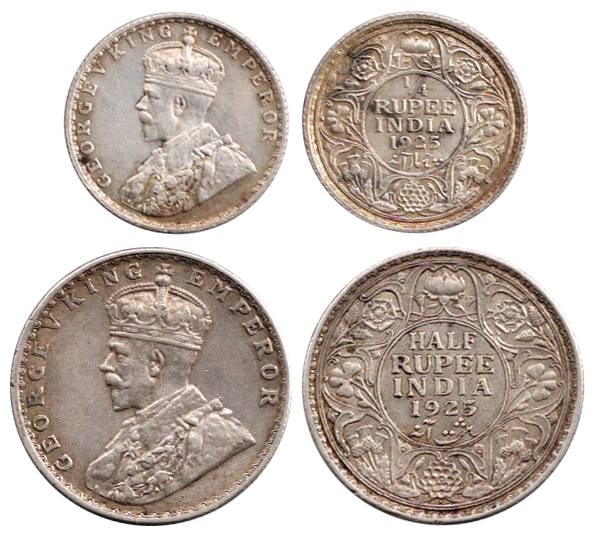 George V, Silver (2), 1925, ½ and ¼ Rupee, Bombay Mint. Very Fine. 2 coins