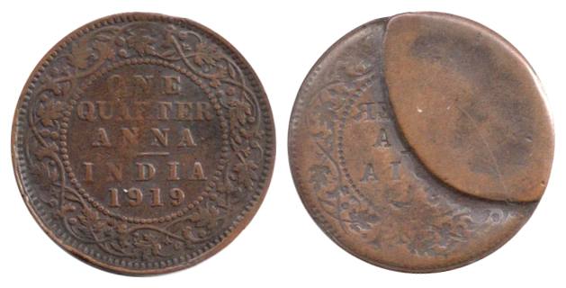 George V, Copper, ¼ Anna, 1919, Lakhi or Brockage of rev type with die-error. Very Fine, R