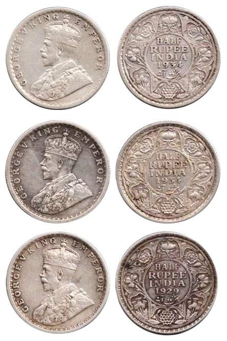 George V, Silver (86), ½ Rupee, 1912 (4), 1913 (3), 1914 (6), 1916 (16), 1917 (14), 1918 (