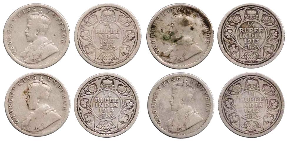 George V, Silver (47), ¼ Rupee, 1912, 1913, 1914, 1917 (2), 1918 (14), 1919 (9), 1926 (5),