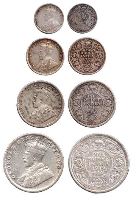 George V, Silver (4), Set of 4: Rupee, ½ and ¼ Rupee, and 2 Annas, 1919, 1919, 1919 and 19