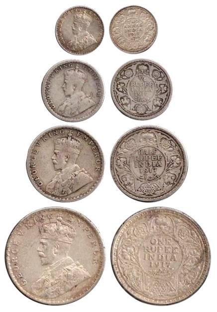 George V, Silver (4), Set of 4: Rupee, ½ and ¼ Rupee, and 2 Annas, 1917. Very Fine+. 4 coi