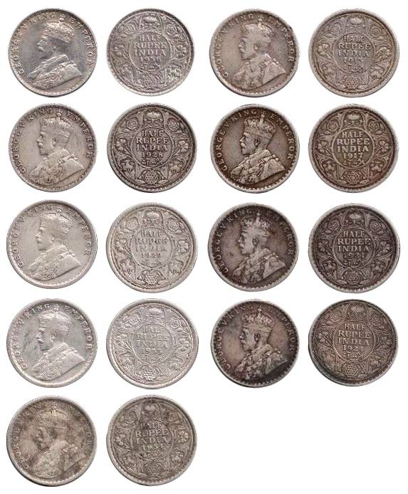 George V and George VI, Silver (11), ½ Rupee, 1913 Bombay, 1917 Bombay, 1921 Calcutta (2),