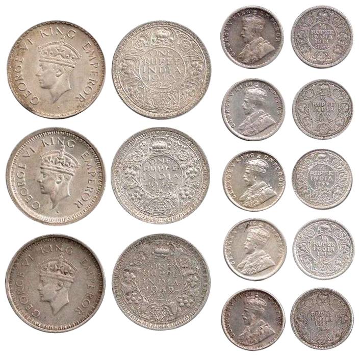 George V, Silver (5), ¼ Rupee, 1916, 1917, 1918, 1919 and 1936; George VI, Rupee, 1940, 19