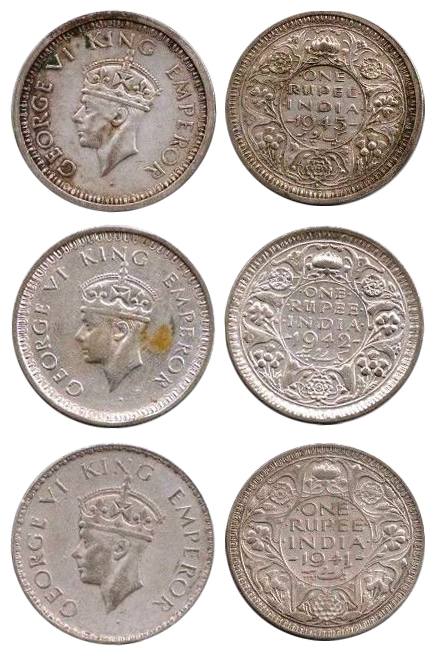 George VI, Silver (10), Rupee, 1941, 1942 (3) and 1945 (6). Very Fine to About UNC. 10 coi
