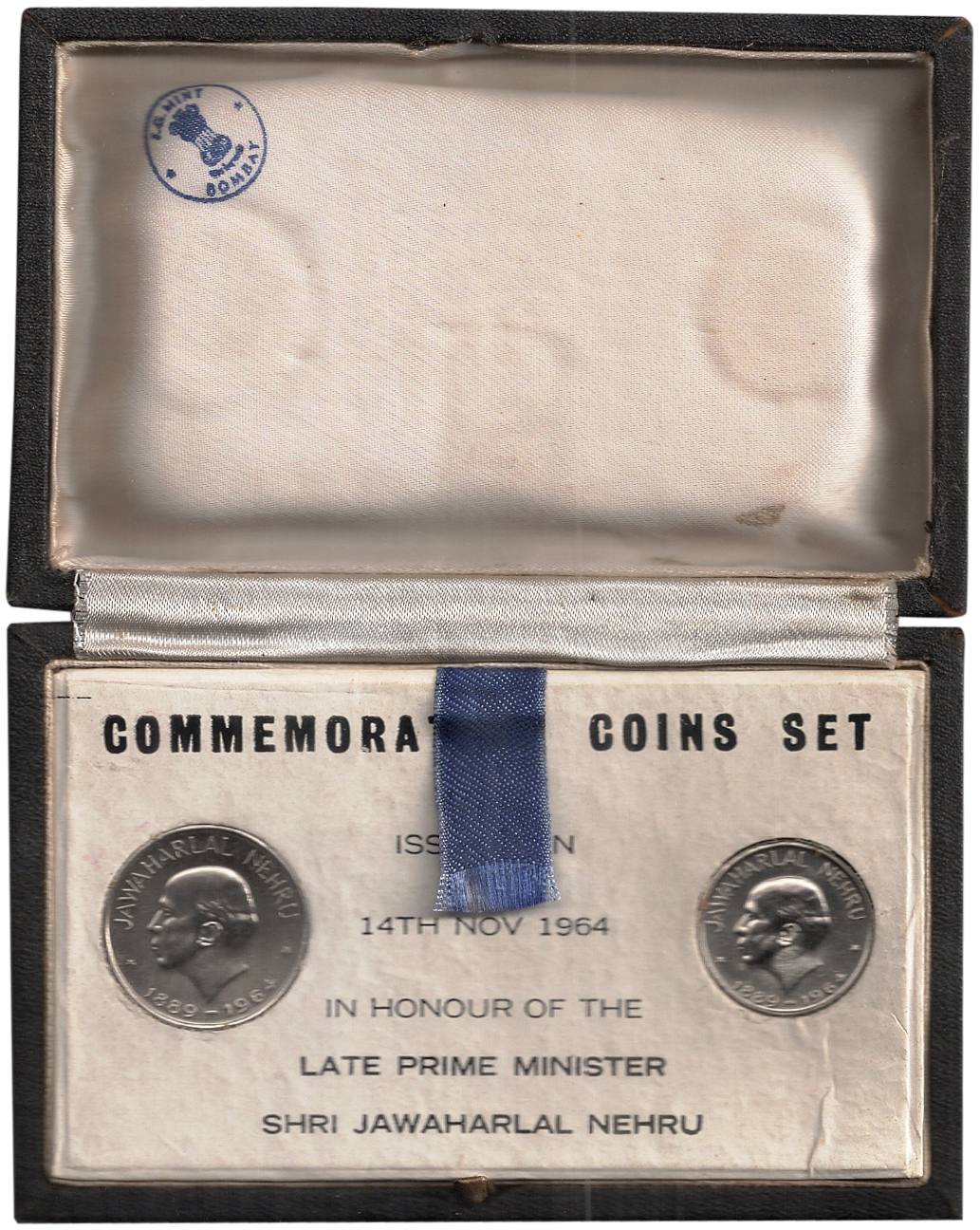 Proof Set of 1964, Jawaharlal Nehru, Set of 2 coins: 1 Rupee and 50 Paise, Bombay Mint, pa