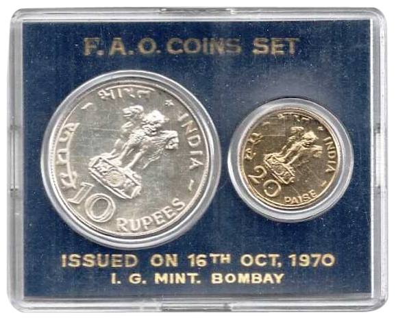 UNC Set of 1970, 2 coin Set, 10 Rupees and 20 Paise, Food For All, Bombay Mint (RB# 24), S