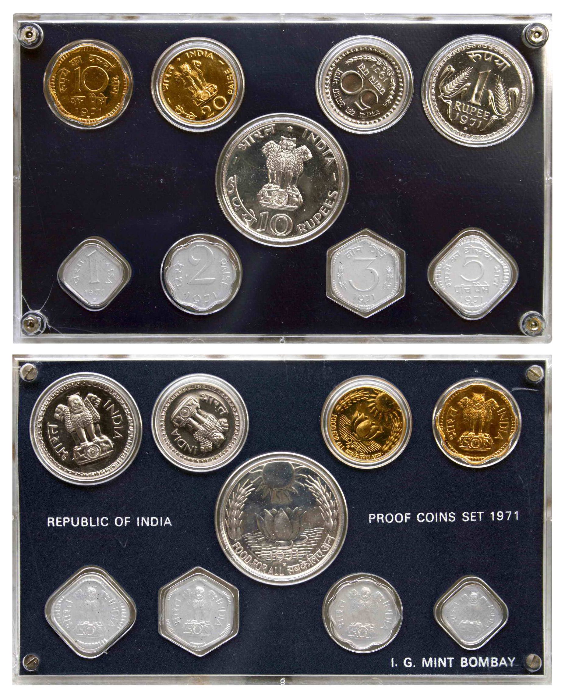 Proof Set of 1971, Food For All, Set of 9 coins, With box and data card (RB# 27). Very Rar