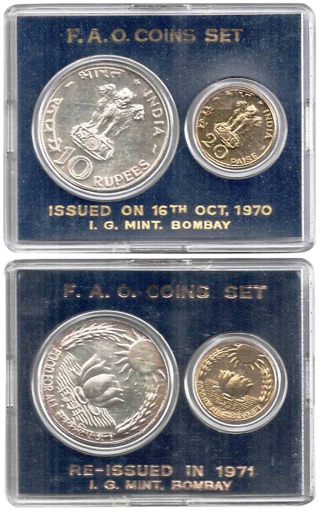 UNC Set of 1971, Food For All, Set of 2 coins, 10 Rupees and 20 Paise, Mumbai Mint (RB# 29