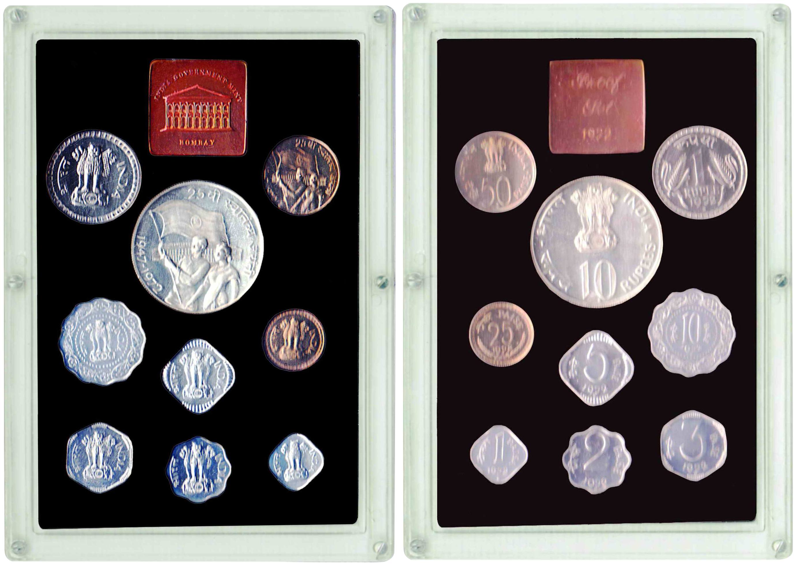 Proof Set of 1972, 9 coin Set, 25th Anniversary of Independence, Bombay Mint, With box and