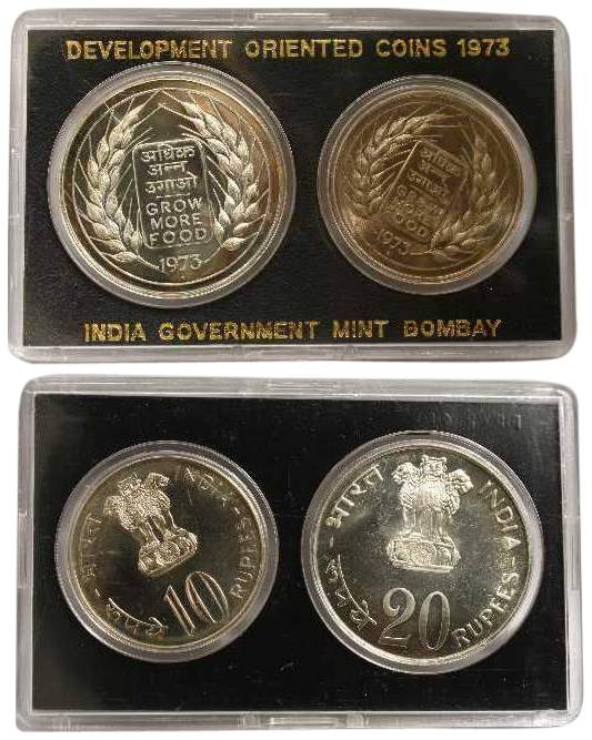 UNC Set of 2 coins of 20 &amp; 10 Rupees, 1973, Grow More Food, Bombay Mint. With box and 