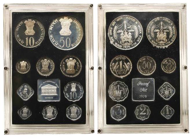 Proof Set of 1976, Set of 10 coin Set, Food and Work For All, Bombay Mint, With box and da