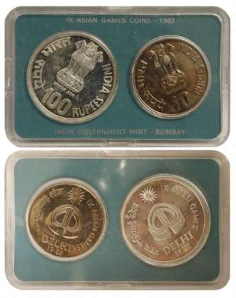 UNC Set of 1982, IXth Asian Games, Delhi, Rs. 100 &amp; 10, Bombay Mint (RB# 94). The oute