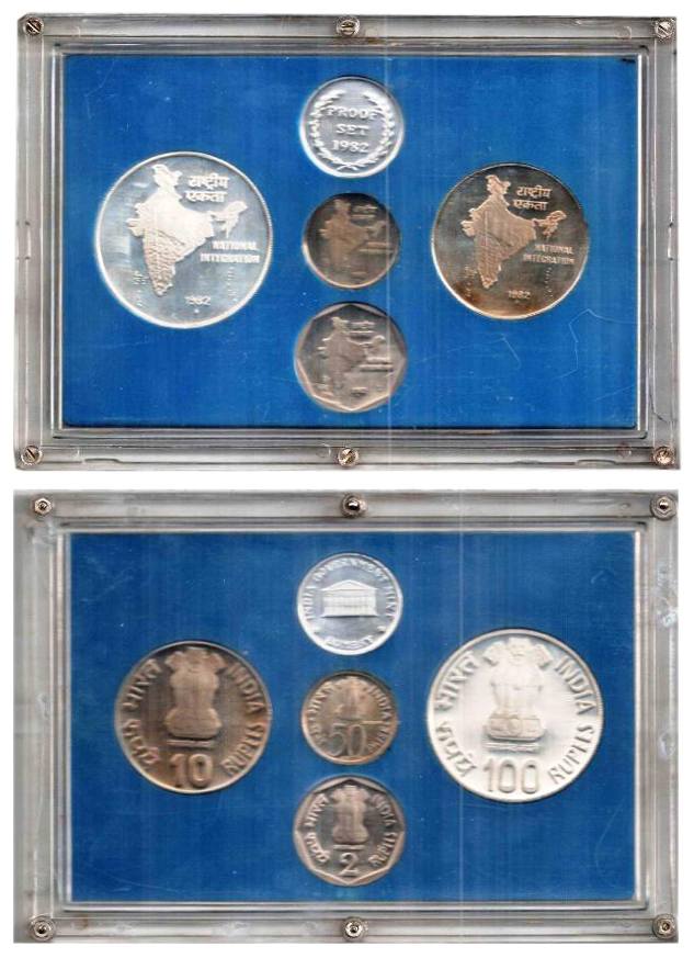 Proof Set of 1982, National Integration, 100, 10 and 2 Rupees, 50 Paise, with Mint Token, 
