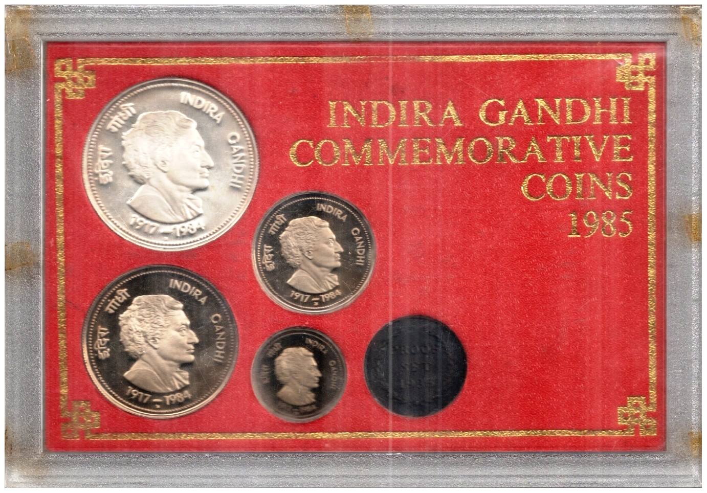 Proof Set of 1985, Indira Gandhi, Set of 4 coins: 100, 50 & 20 Rupees, and 50 Paise, Bomba