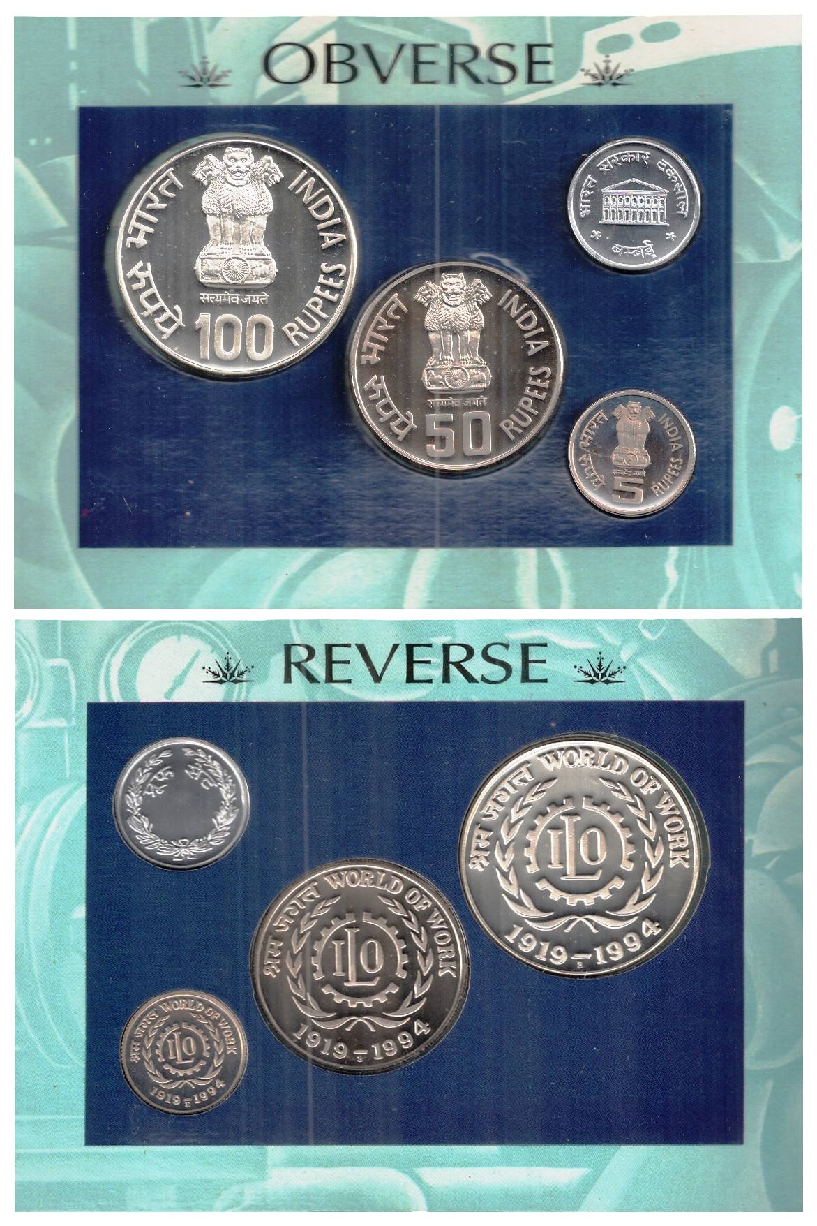 Proof Set of 1994, Set of 3 coins: 100, 50 and 5 Rupees, 75th Anniversary of International
