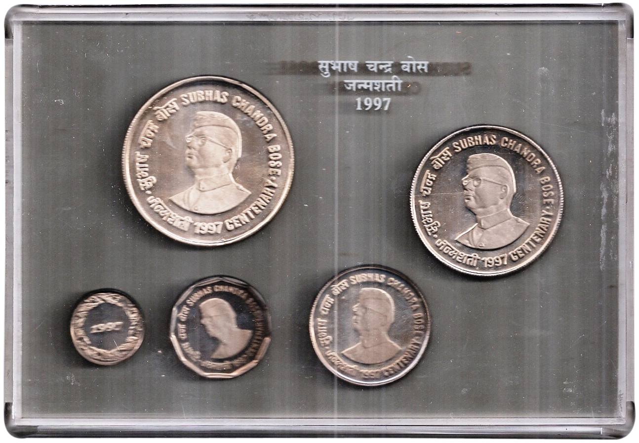 Proof Set of 1997, Netaji Subhas Chandra Bose, Set of 4 coins: 100, 50, 10 & 2 Rupees, Cal