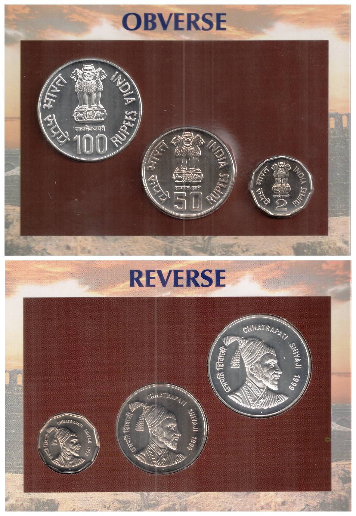 UNC Set of 3 Coins, 1999, Chhatrapati Shivaji, Mumbai Mint, Rs. 100, 50 & 2 (RB# 223). Sca