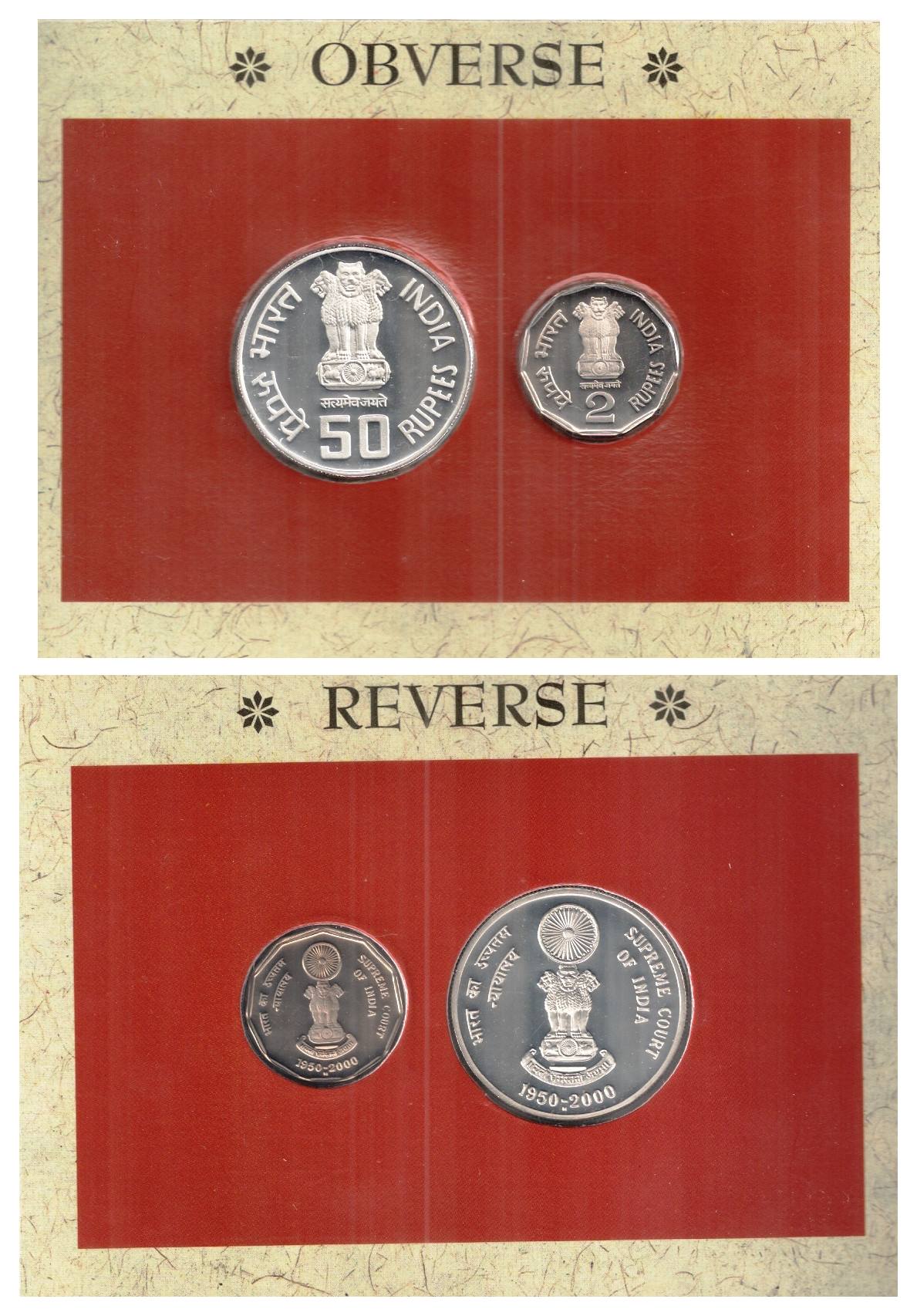 Proof Set of 2000, Golden Jubilee of Supreme Court, Set of 2 coins: 50 & 2 Rupees, Mumbai 