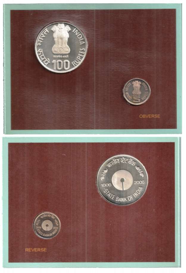 Proof Set of 2006, 200 Years of State Bank of India, Kolkata Mint, 100 & 5 Rupees (RB# 296