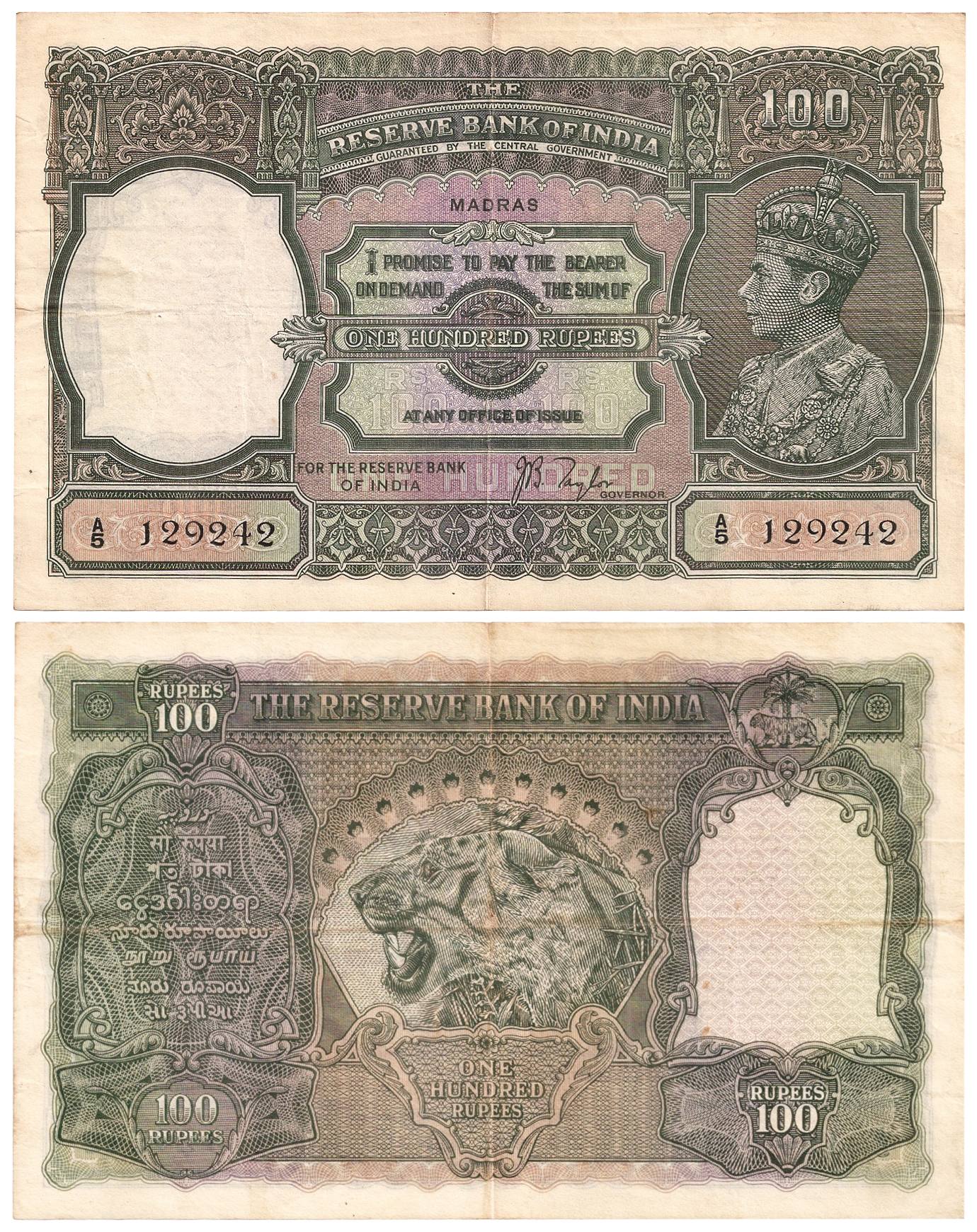 George VI, 100 Rupees, Sign J B Taylor, Madras Circle of Issue, Prefix A5 (Jhun 7.1E). Fol