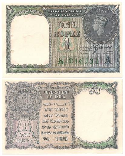 George VI, 1 Rupee, Type 1, Prefix L29, Inset A, Sign C E Jones (Jhun 1.1B). Usual pin hol