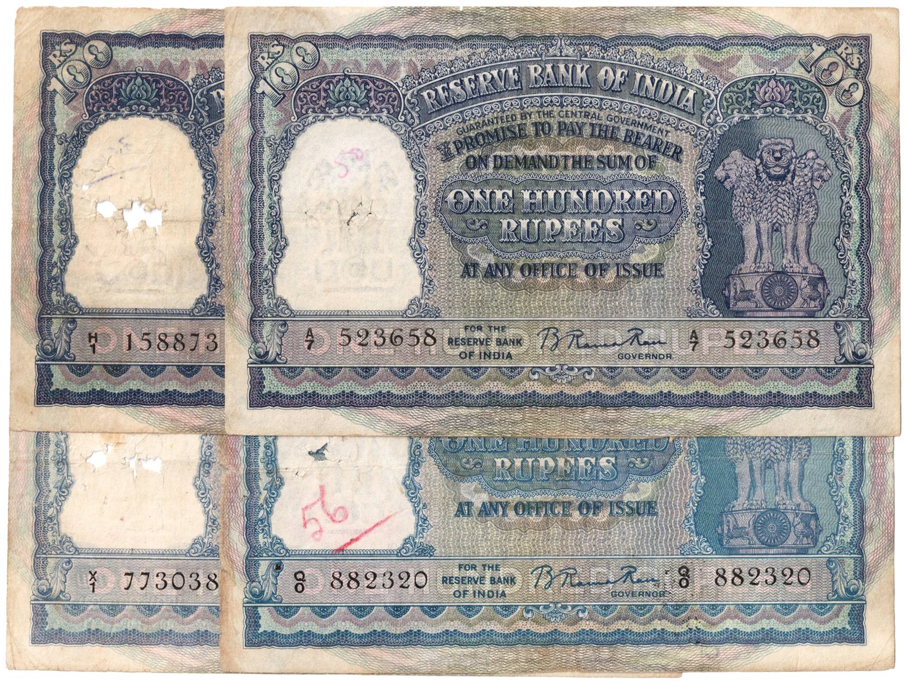 100 Rupees (4), 1st Issue, All English, Sign B Rama Rau, set of 4 Issuing Circles: A for B
