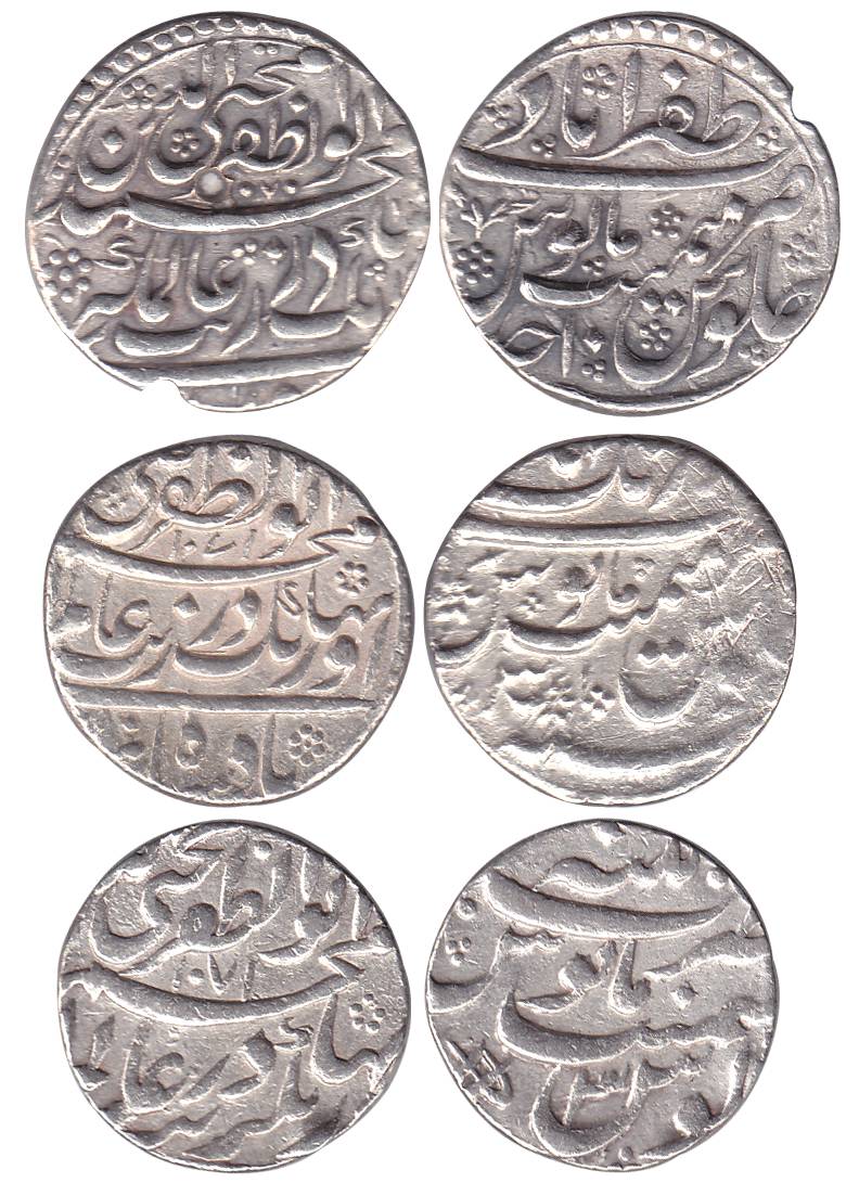 Aurangzeb, Silver (3), Rupee, Muhi-ud-din type, Aurangabad, Patna and Zafarabad Mints.Abou