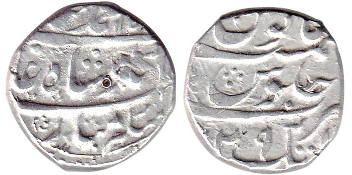 Muhammad Shah, Silver, Rupee, Atak Mint, AH 115x/29, mint name and RY at bottom on rev (KM