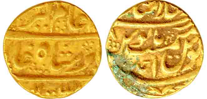 Alamgir II, Gold, 10.95 g, Mohur, Shahjahanabad Mint, RY Ahad, mint name at top line on re