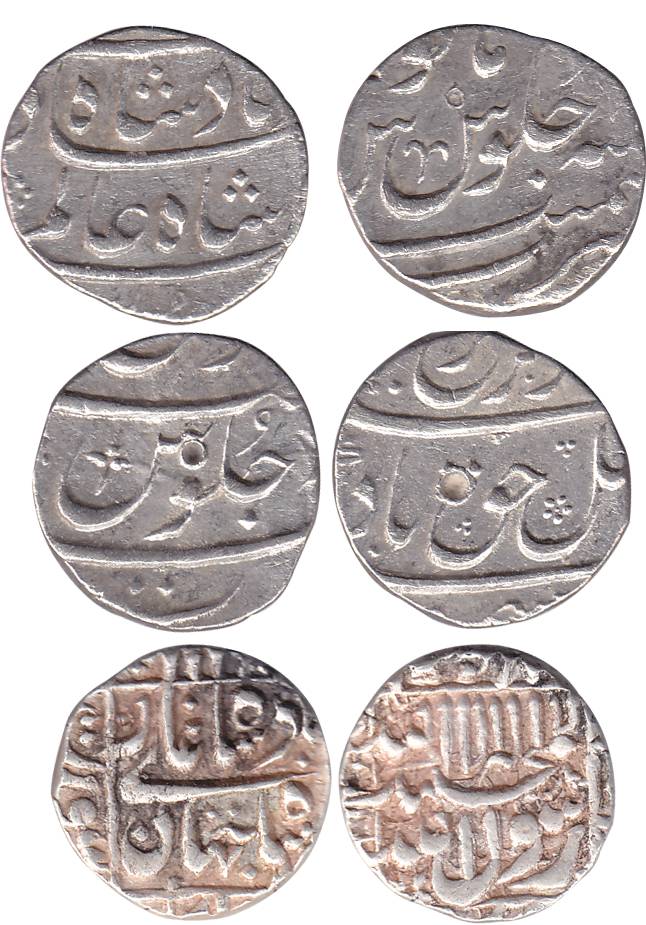 Surat Mint, Silver (3), Shah Jahan, Shah Alam I and Farrukhsiyar, various dates.Very Fine+