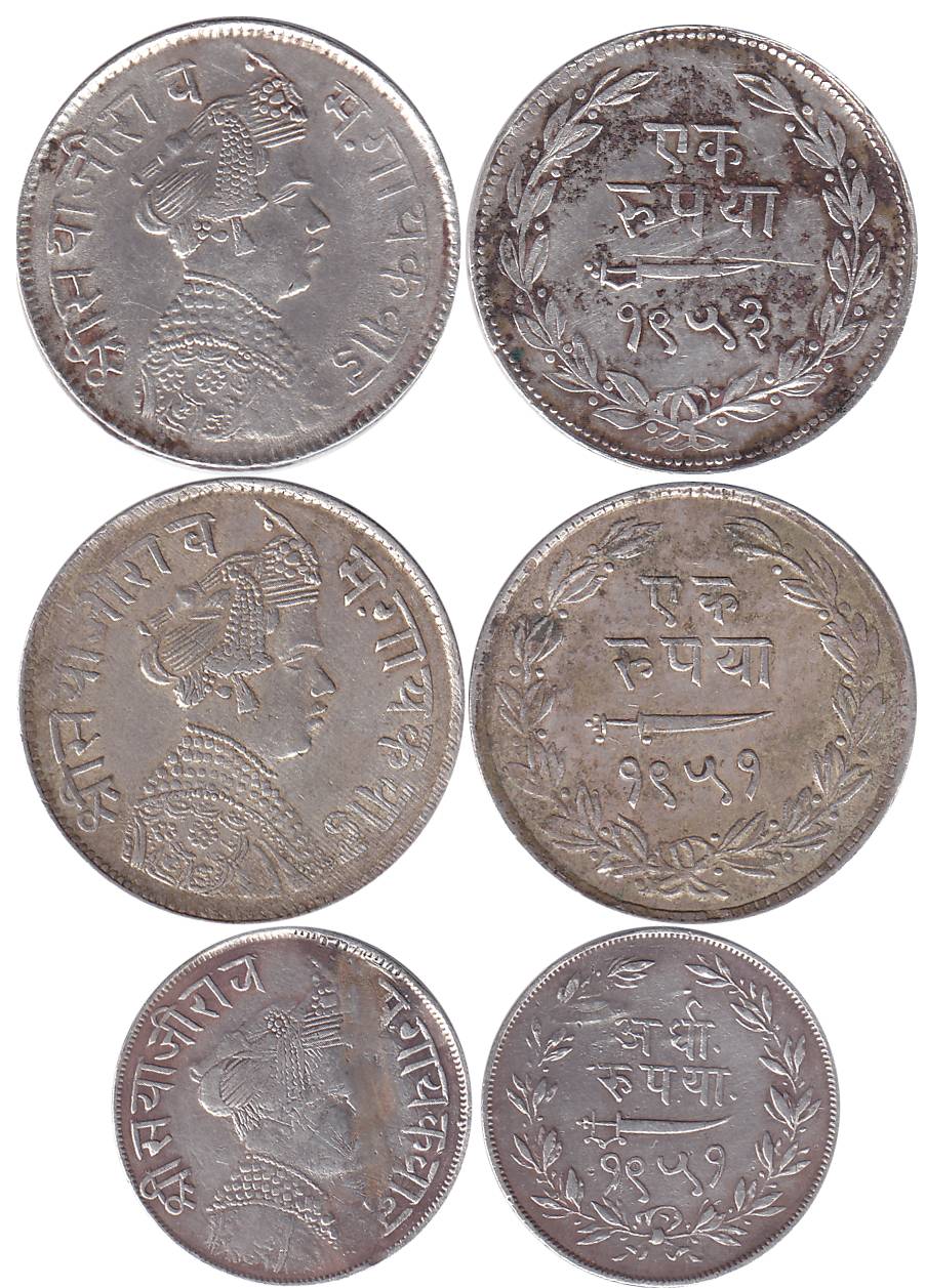 SayajiRao III, Silver (3), Rupee, VS 1953 and 1959; ½ Rupee, VS 1951, Small flan type.Very