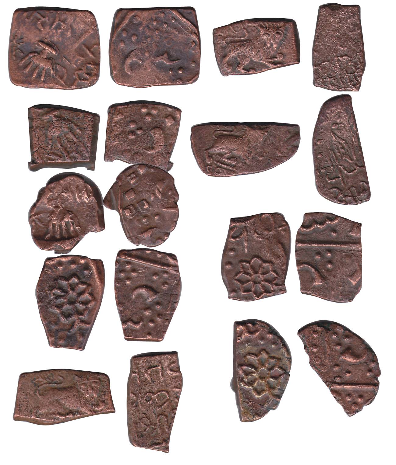 Wakhatsingh, Copper (9), ½ Paisa, open Hand type (3), Lotus type (2), Lion type (1); cut-d