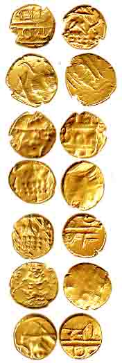 Gold (7), Fanam, KantiVarahFanams with the figure of a Varaha seated on obv, Kannada legen
