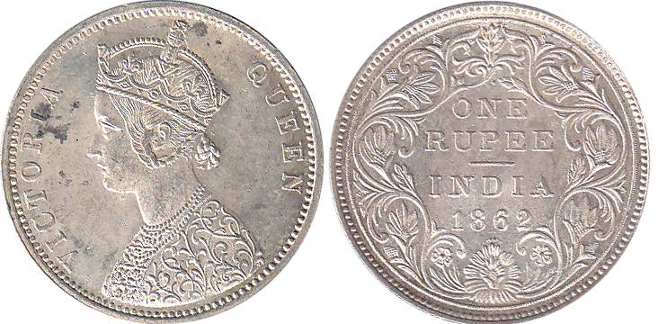 Victoria Queen, Silver, Rupee, 1862, Dot Variety with 1 Dot Above and 2 Dots Below, Obv A 