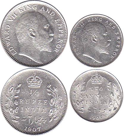 Edward VII, Silver (2), ¼ Rupee and 2 Annas, 1907.UNC, 2 coins