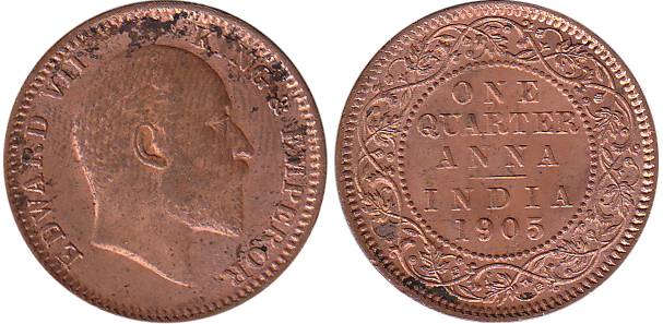 Edward VII, Copper, ¼ Anna, 1905.About UNC, Scarce